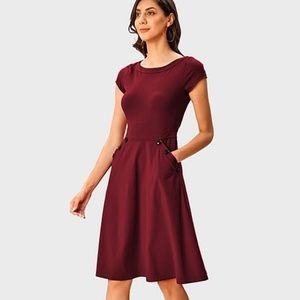 eShakti Red Midi Dress with Elegant Flair